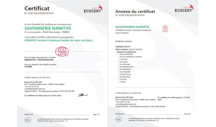 Certification ECOCERT selon le référentiel COSMOS